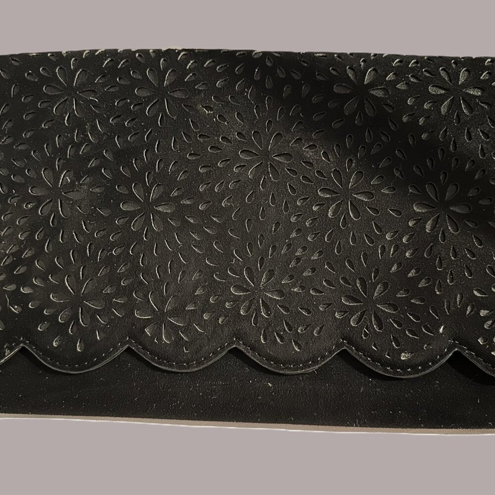 ALDO Faux Suede Scallop Flap Reticulated Tear Drop Clutch Handbag Purse 12" x 7"